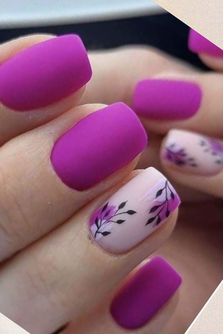 Chic Matte Purple Nail Design with Floral Accent for Modern Elegance.