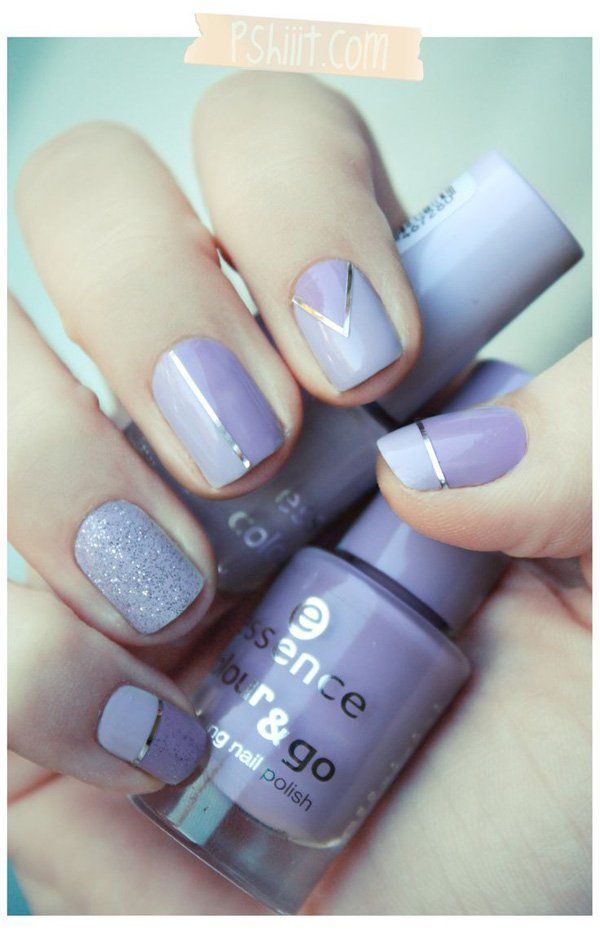 Chic Lavender Nail Design: Glossy and Glitter Finishes with Metallic Geometric Accents.