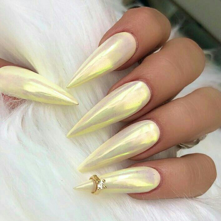 Elegant Iridescent Long Stiletto Nails with Delicate Ring Accents.