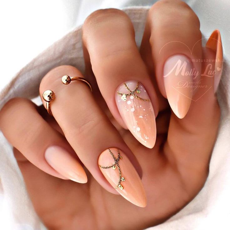 Sophisticated Almond-Shaped Nails with Nude Base and Gold Detailing