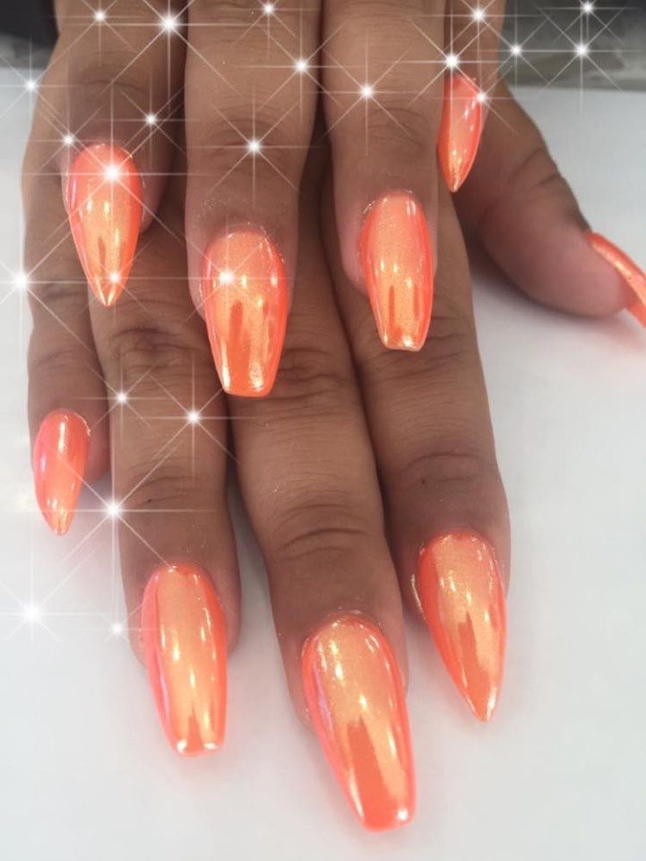 Stunning Holographic Orange Almond Nail Design: Bold Elegance for Sunny Days