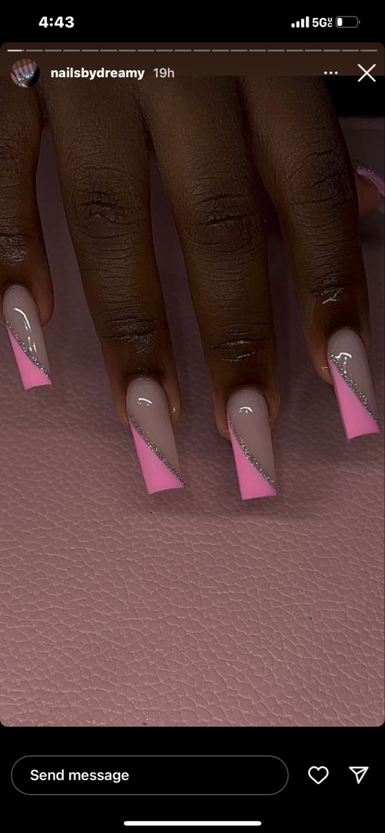 Chic Color Block Nail Design with Nude and Bold Pink Accents and Glamorous Rhinestones