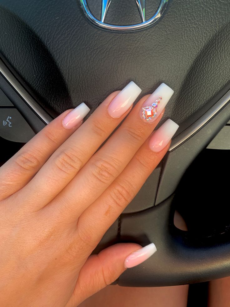 Chic Gradient Pink and Glossy White French Manicure with Gem Accents