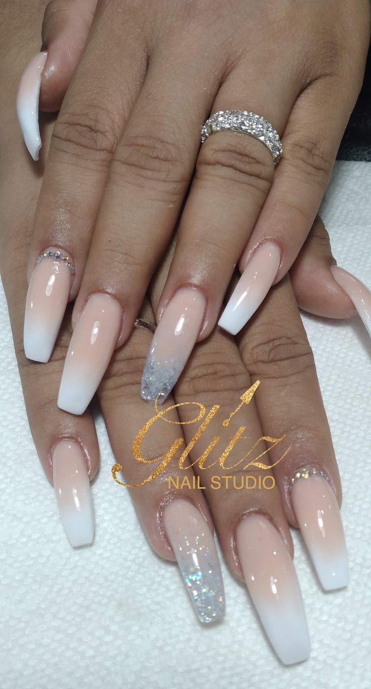 Sleek Ombre Nail Design with Glitter Accent and Chic Long Nails.