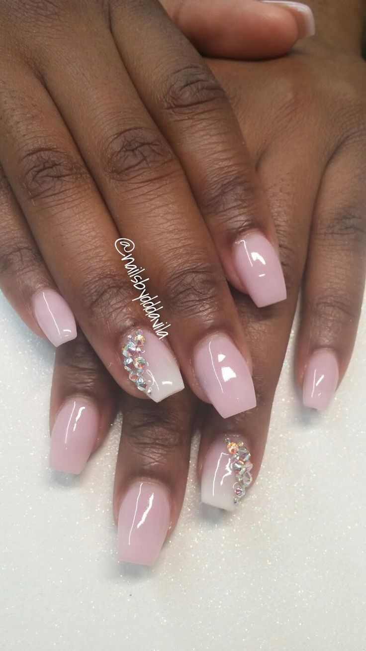 Chic Elegant Nail Design: Soft Pink Base with Gradient Accent and Gemstones