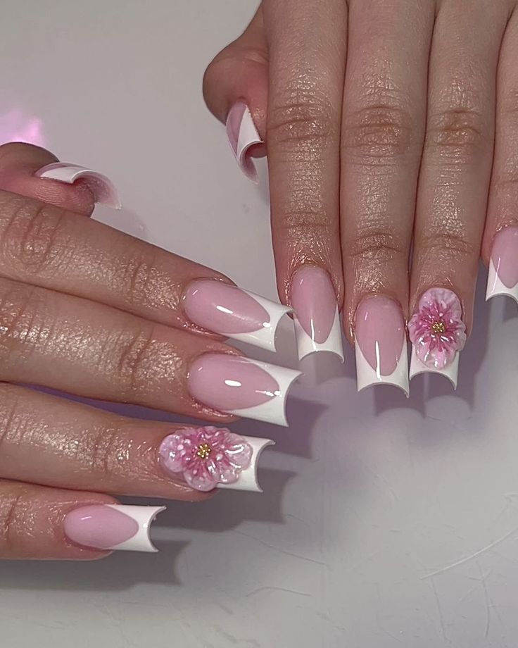 Chic Soft Pink and White Nail Design with Floral Accents