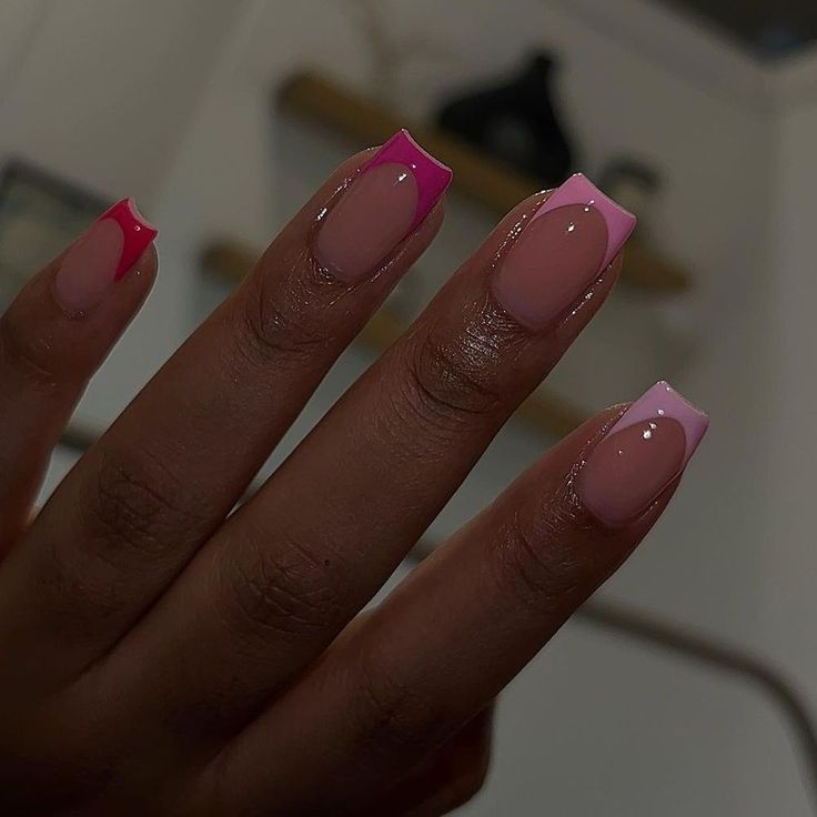 Modern French Tip Nail Design: A Playful Blend of Soft Pink and Vibrant Magenta.