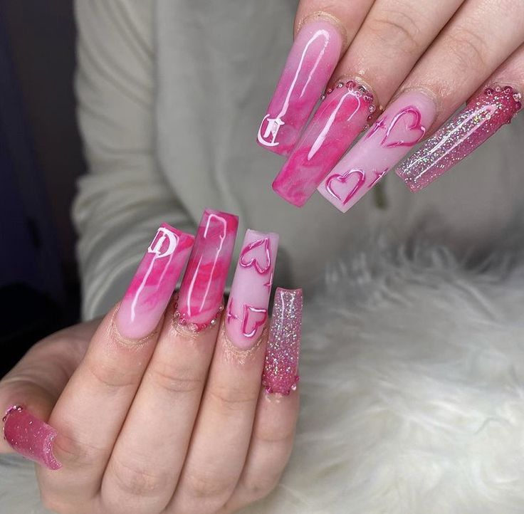 Playful Elegant Chic: Vibrant Pink Nail Design with Glossy, Matte Finishes and Heart Accents