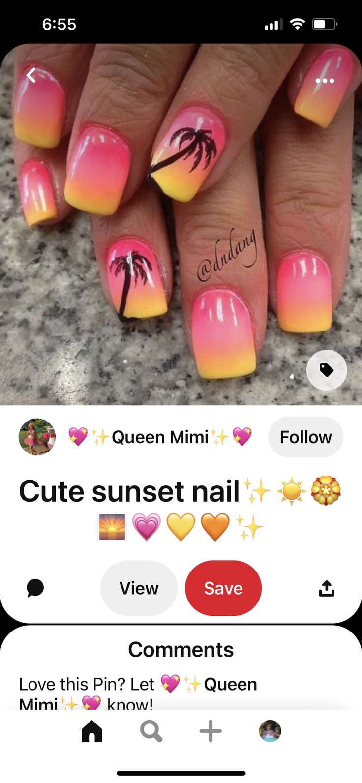 Tropical Sunset-Inspired Nail Art: Vibrant Pink and Yellow Gradient with Palm Tree Silhouettes