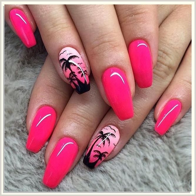 Tropical-Inspired Vibrant Pink Nail Art with Glossy Finish