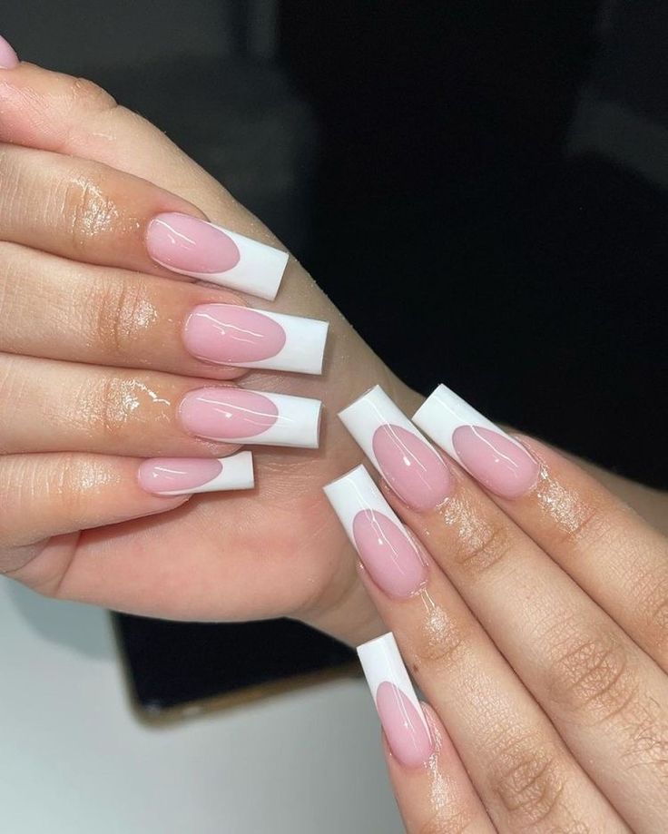 Sophisticated Long Square Nails with Soft Pink, Crisp White, and Glossy Finish.