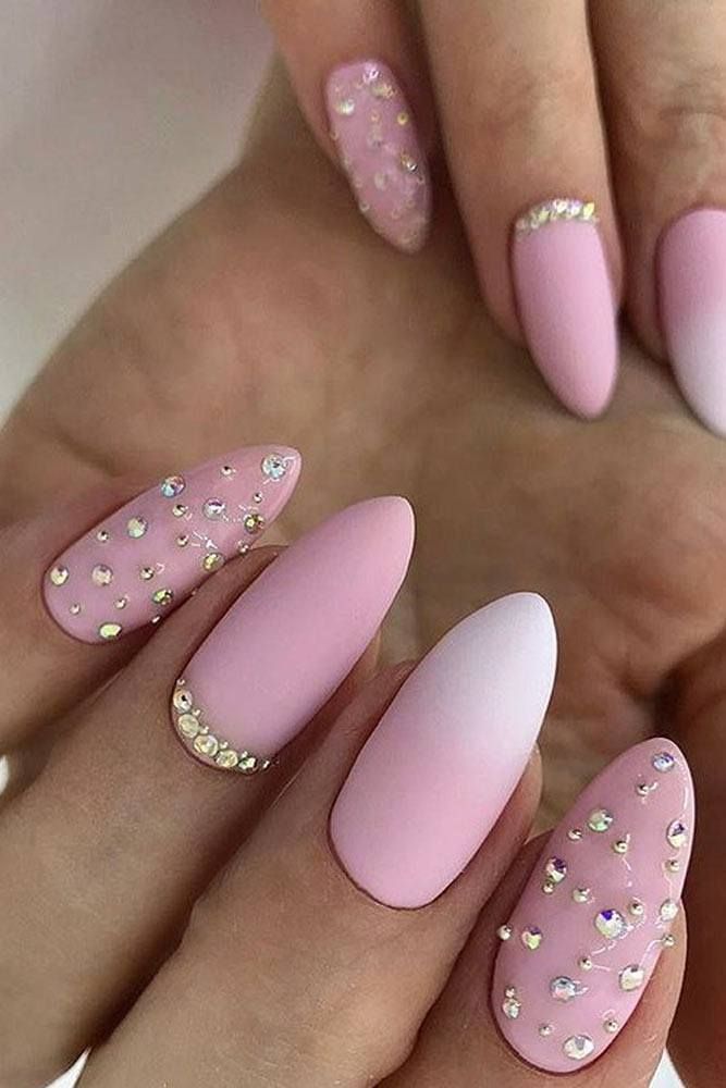 Chic Elegant Nail Design: Soft Pink Gradient with Textured Gem Accents.