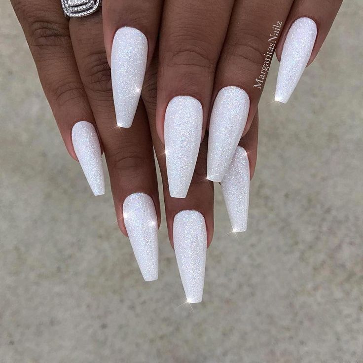 Chic Elegant Long White Acrylic Nails with Sparkling Glamour for Special Occasions.