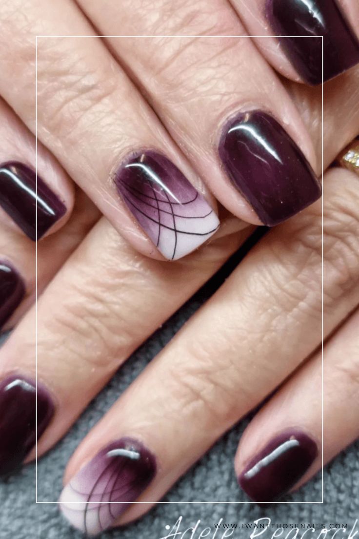 Chic Gradient Nail Design with Deep Purple Base and Delicate Accent Lines.