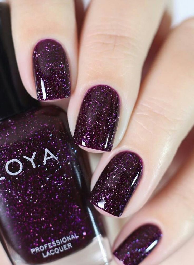 Elegant Glittery Deep Purple Nail Design with Dazzling Sparkle