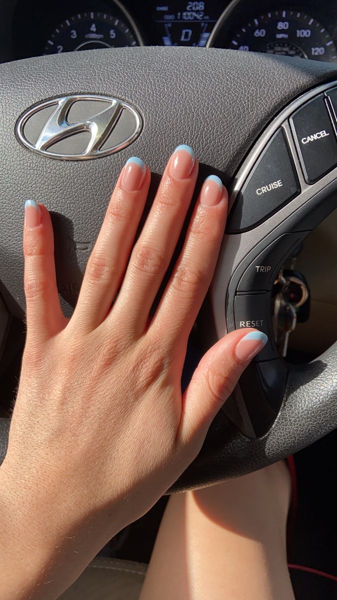 Chic Blue-Tipped Nude Nail Design for Effortless Elegance