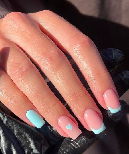 Chic Pastel Nail Design with Pink and Mint French Tips and Heart Accent for a Fresh Spring Vibe