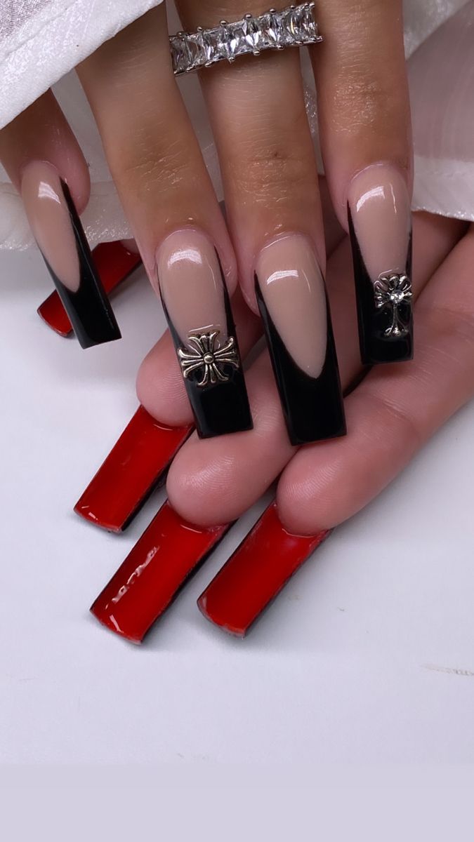 Sophisticated Elegant Nail Design with Glossy Black Tips and Glamorous Accents.