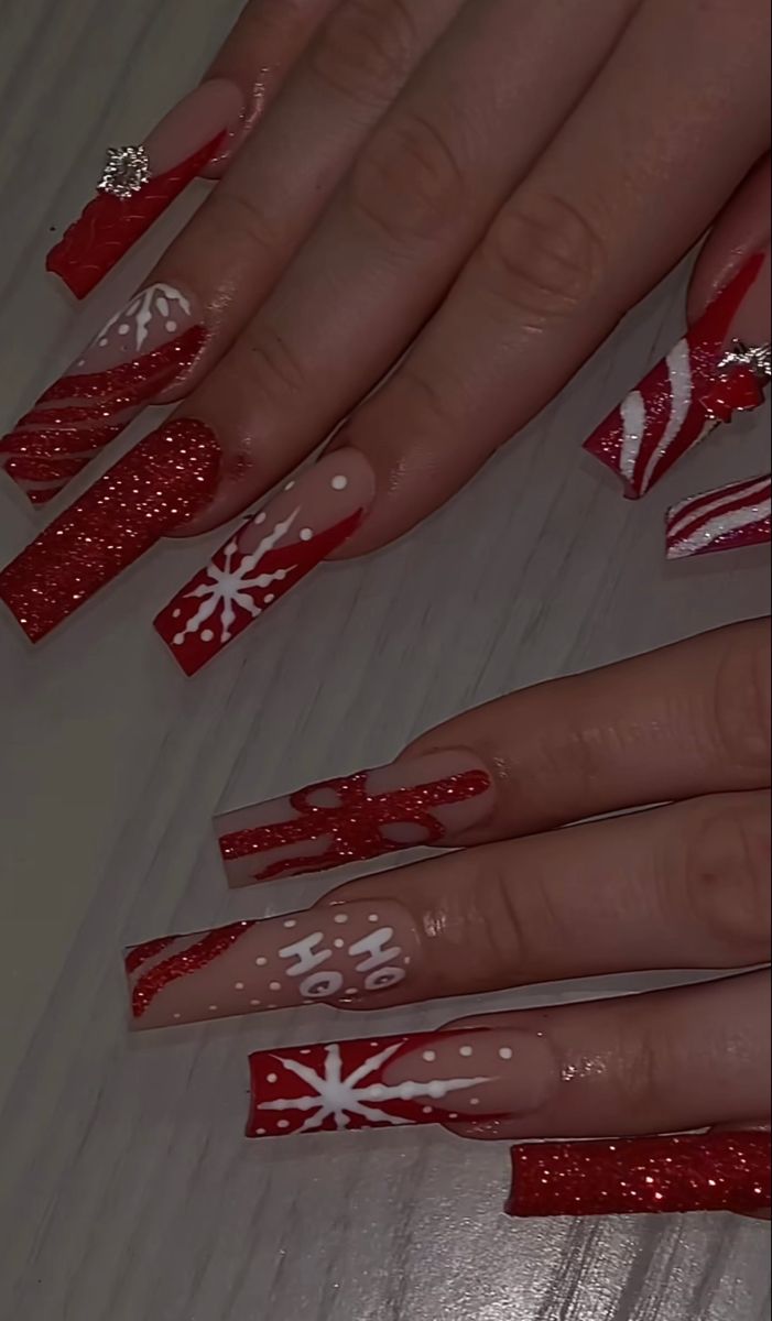 Dramatic Festive Red Nail Design with Textures, Patterns, and Holiday Accents