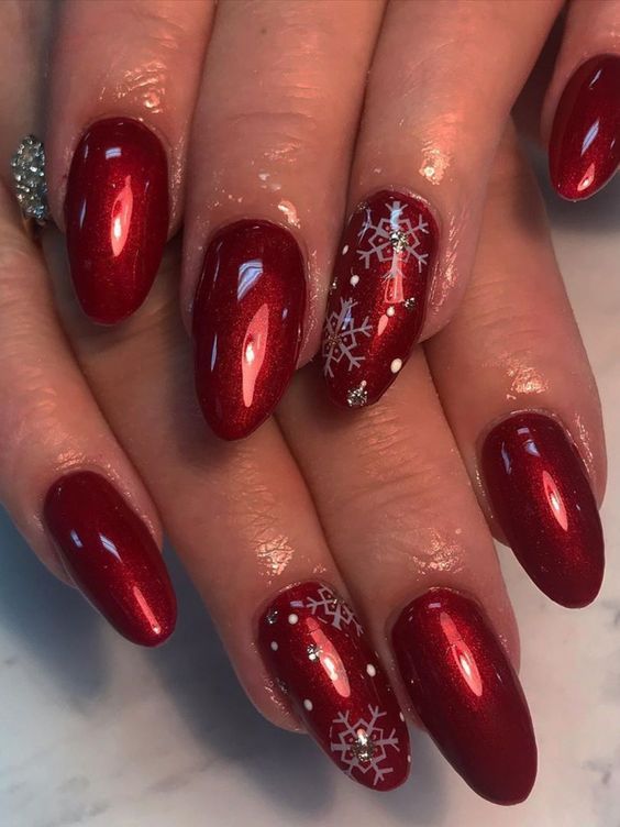 Festive Red Nails with Snowflake Designs: A Perfect Blend of Elegance and Whimsy for Winter Celebrations.