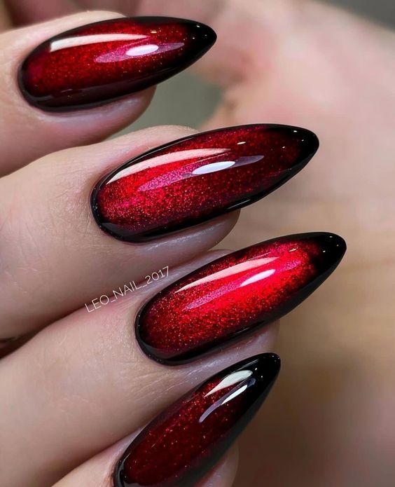 Elegant Almond-Shaped Nails with Deep Red Base and Glossy Black Tips