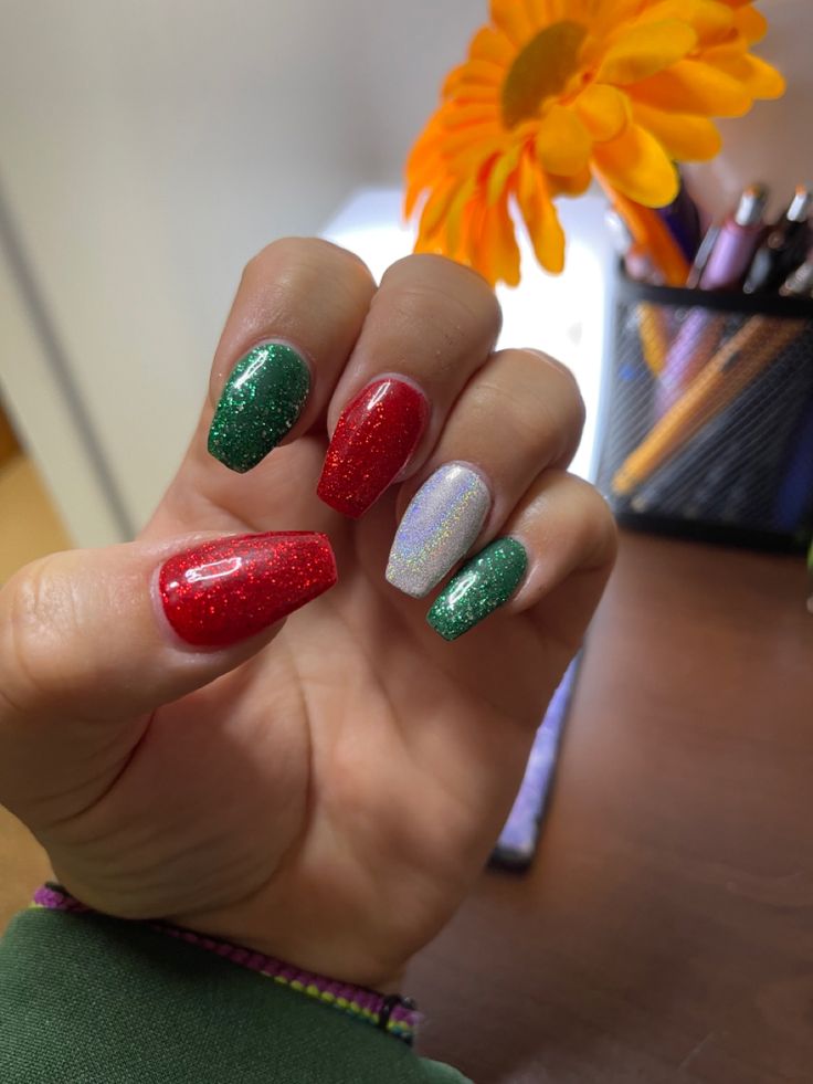 Red Nails With Green Glitter