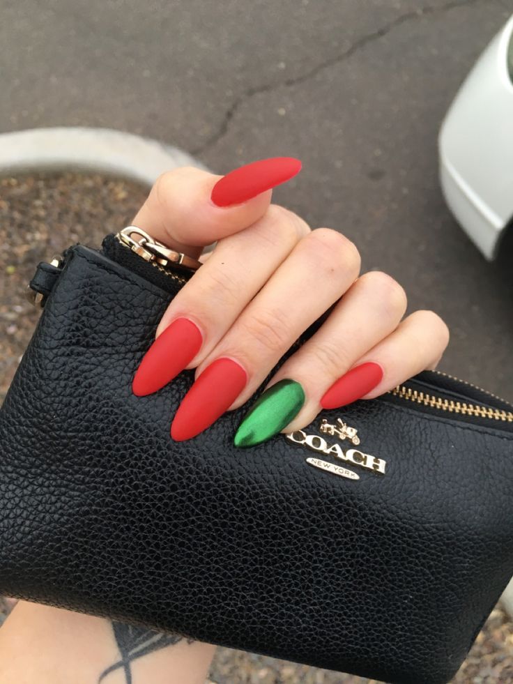 Vibrant Red and Glossy Green Nail Design: Striking Elegance for Festive Celebrations.