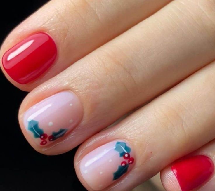 Elegant Holiday Nail Design: Bold Red and Soft Pink with Holly Accents