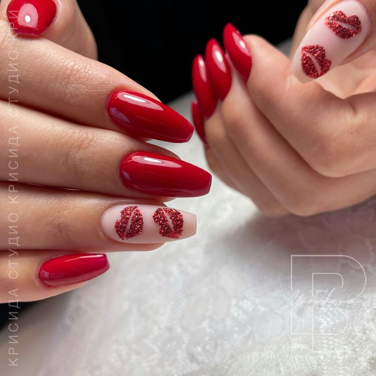 Elegant Red Nail Design with Glossy and Matte Finishes and Glitter Heart Accents