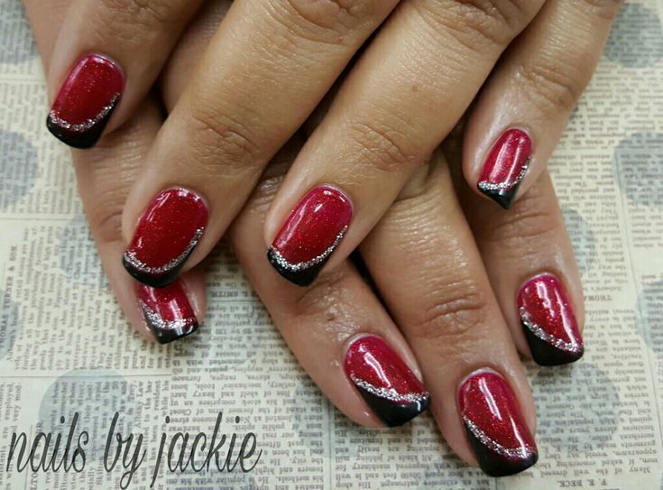 Sophisticated Red and Black Nail Design with Glamorous Silver Accents