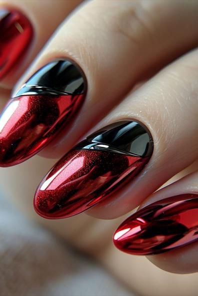 Dramatic Asymmetrical Nail Design with Glossy Red and Sleek Black Finishes.