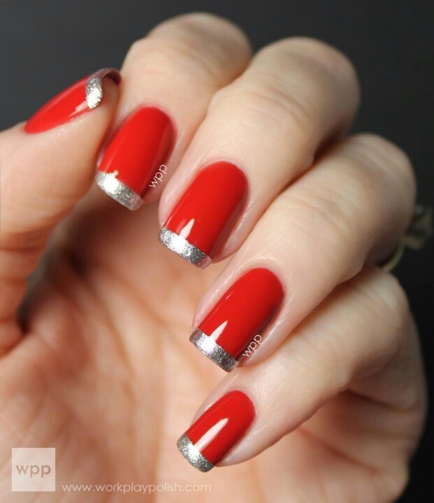 Sophisticated Red Nails with Chic Silver French Tips for Any Occasion.