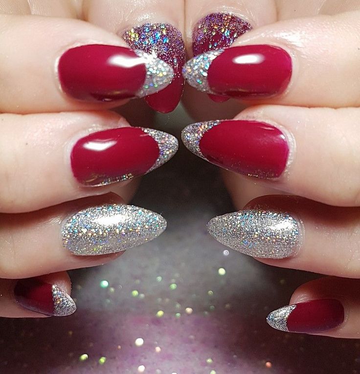 Glamorous Burgundy and Silver Glitter Nail Design: A Modern Take on Classic French Tips