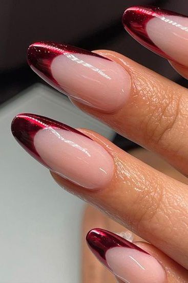 Stunning Ombre Almond Nails: Deep Burgundy to Soft Nude for Chic Sophistication.