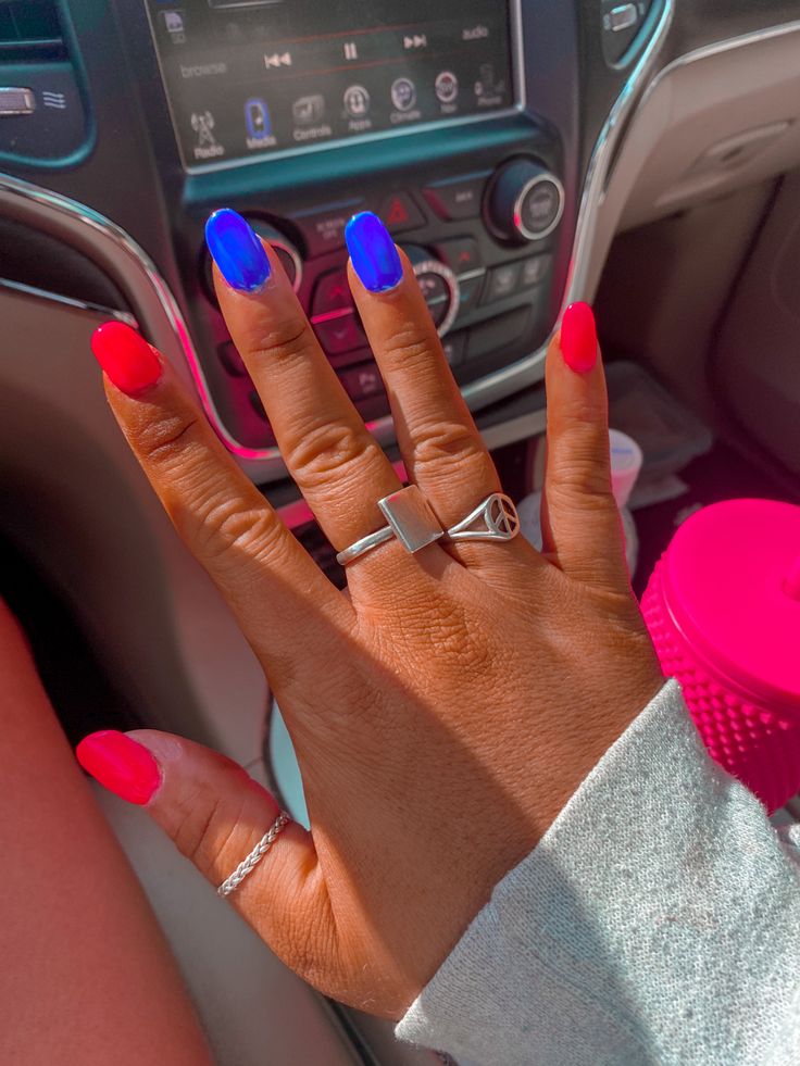 Playful Pink and Blue Color-Blocked Nail Design for a Modern Summer Look