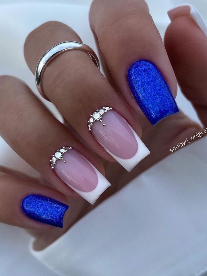 Chic Elegant Nail Design: Bold Blue and Soft Pink with French Tips and Rhinestone Sparkle