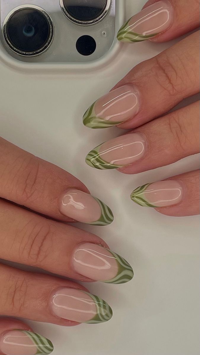 Sophisticated Chic: Green-Tipped Nails with a Nude Base for a Modern Aesthetic