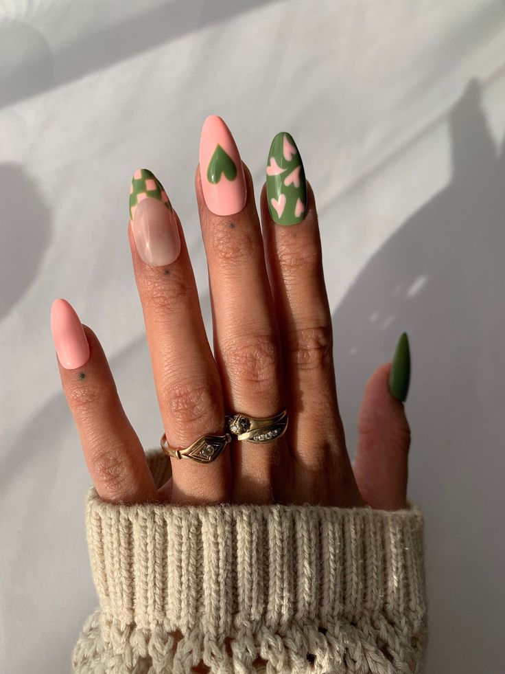 Whimsically Elegant Nail Design: Soft Pinks and Earthy Greens in Playful Patterns