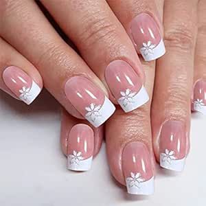 Chic French Tip Manicure with Floral Accents in Soft Pink and White.