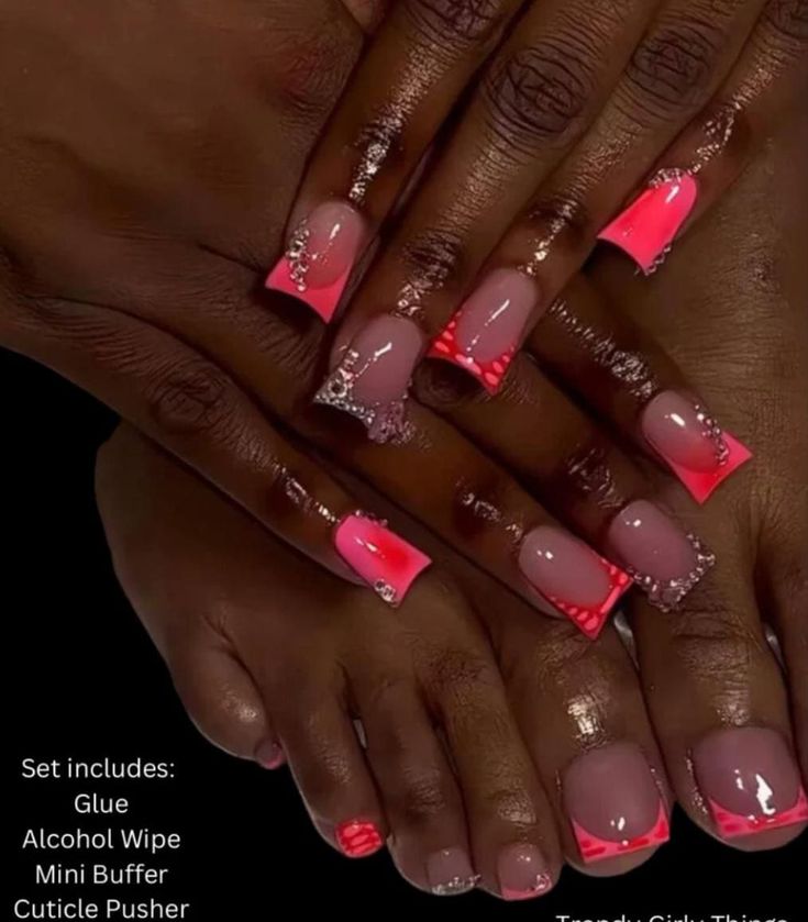 Chic Nail Design: Soft Pink and Coral Accents with Intricate Art and Matching Toes.