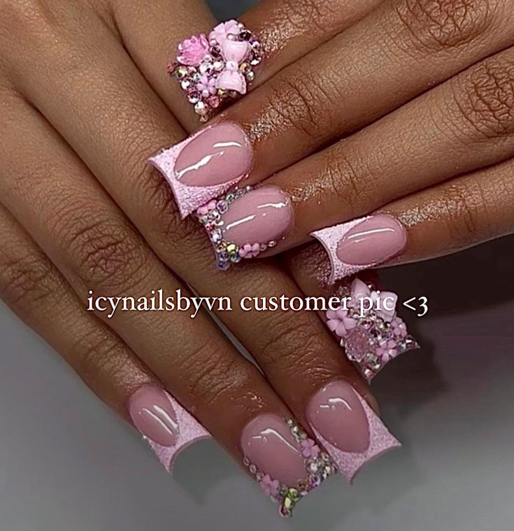 Whimsical Sophistication: Elegant Pink Nail Design with Geometric and Floral Accents