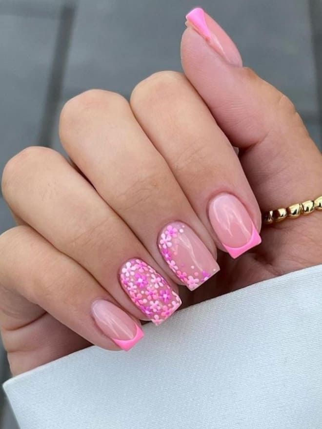 Elegant Chic Pastel Nail Design with Glittery French Tips and Heart Accents