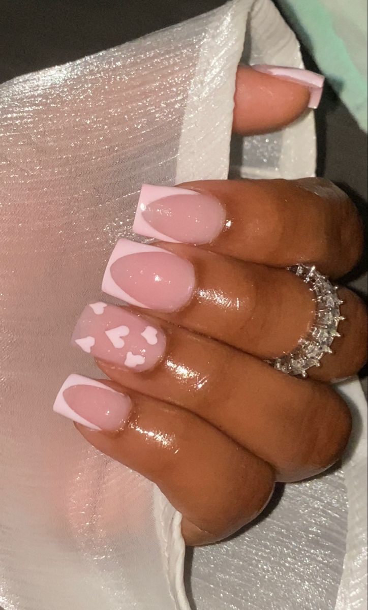 Charming Soft Pink and White Square Nail Design with Heart Patterns