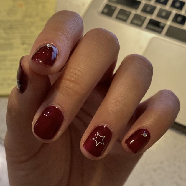 Chic Burgundy Nail Design with Glossy-Matte Finish and Rhinestone Accents