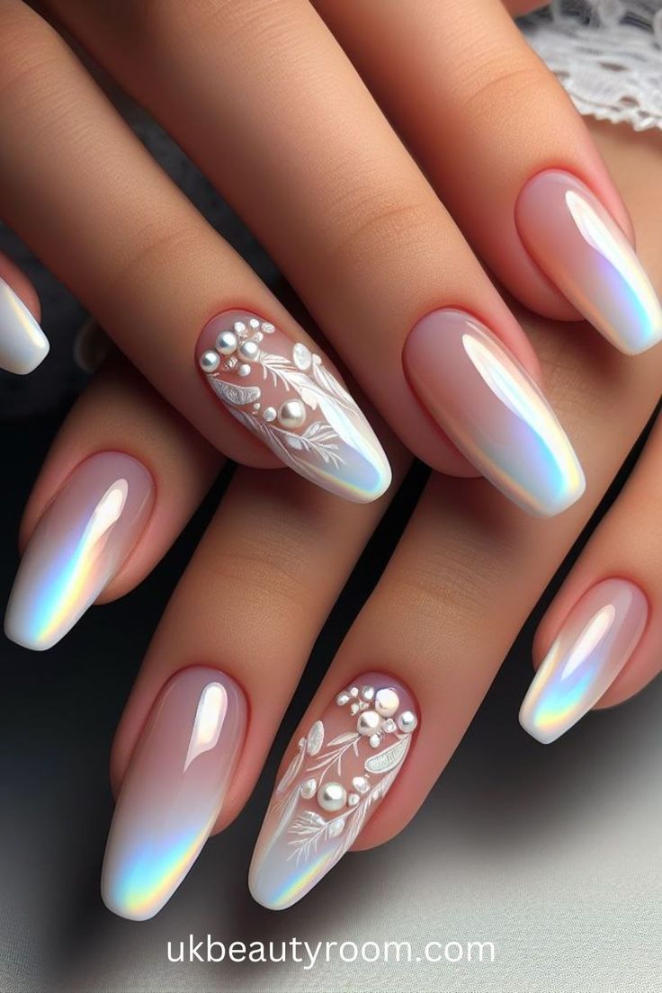 Sophisticated Ombre Nail Design with Floral Patterns and Iridescent Finish.