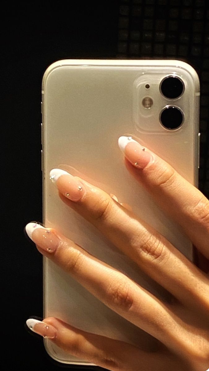 Sophisticated Elegant French Manicure with Sparkling Rhinestones