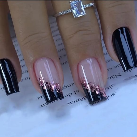 Elegant Glossy Black and Nude Nail Design with Pink Glitter Tips in Long Square Shape.