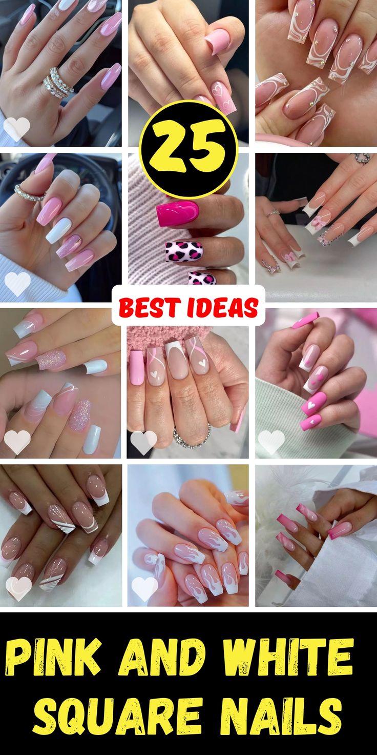 Versatile Square Nail Designs: Chic Pink and White Styles with Glossy Finishes and Elegant Patterns.