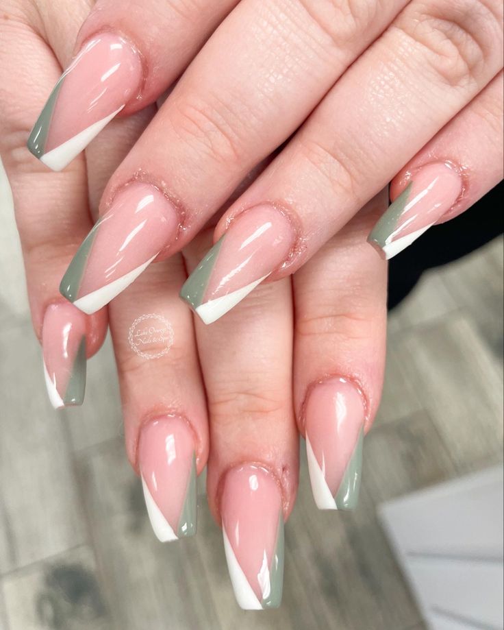 Chic Nail Design: Angular French Tips in Soft Pink, Muted Green, and Crisp White with Glossy Finish.