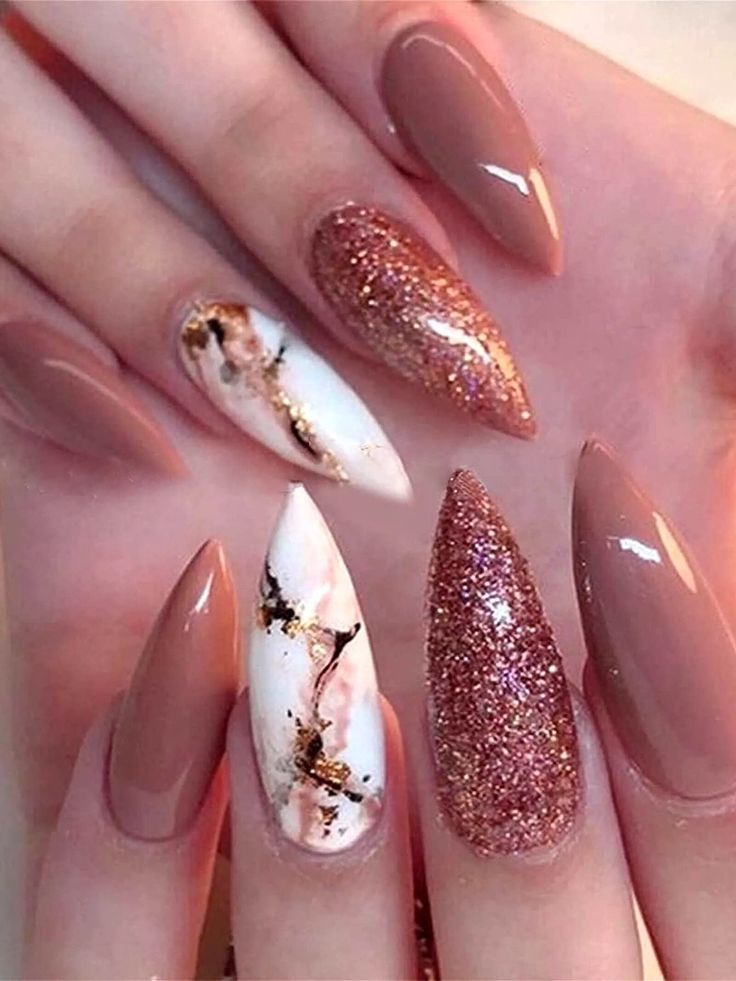 Sophisticated Almond-Shaped Nails with Nude, Glitter, and Marbled Gold Accents.